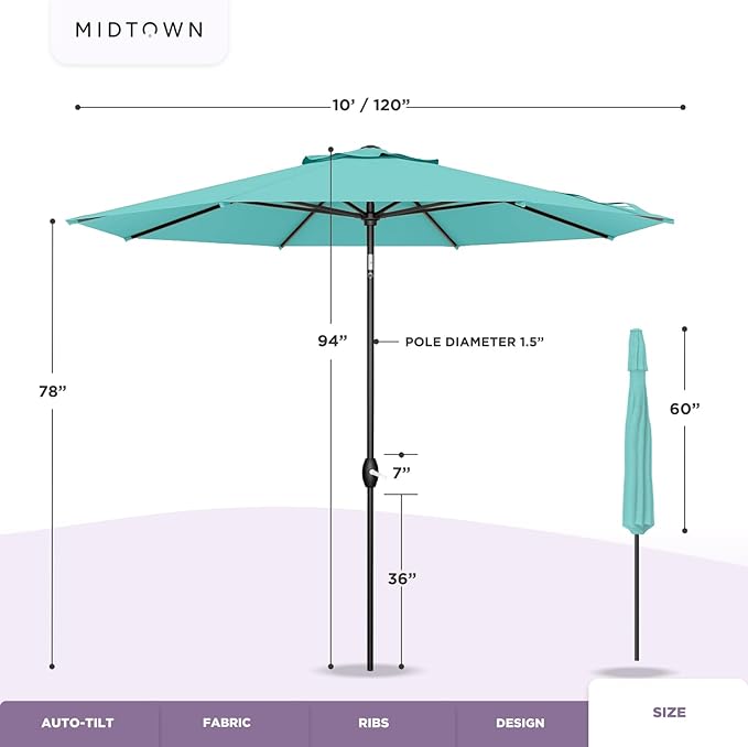 Midtown Umbrellas 10-Year-No-Fade - 10 Ft - UV Proof Pear (Green) Polyester Fabric - Umbrella Outdoor Patio, Aluminum Frame Large Patio Umbrella for Garden, Pool & Deck - Black Pole