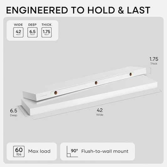 Homeforia White Floating Shelves 42 inch, High End Solid Real Wood 42inch - Image 2
