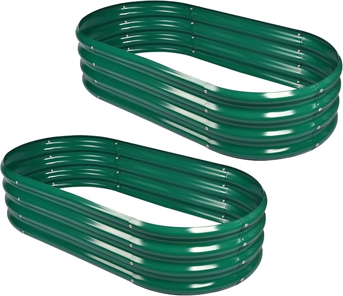 Land Guard 2Pcs Galvanized Raised Garden Bed Kit, 10×4×1ft Galvanized Planter Raised Garden Boxes Outdoor, Oval Large Metal Raised Garden Beds for Vegetables (Forest Green)