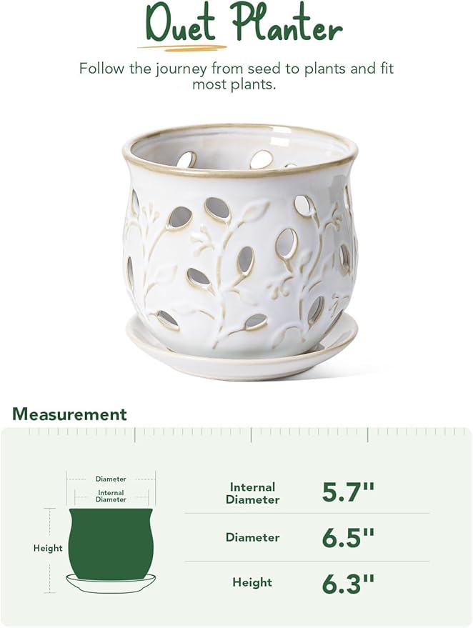LE TAUCI Ceramic Orchid Pot, 6.5 Inch Orchid Pots with Holes, Orchid Planter for Repotting, Indoor Flower Plant Pot with Drainage and Saucer, Arctic White