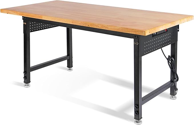 Height Adjustable Workbench Heavy Duty Work Table 2000 LBS Load Capacity 60”×22” Rubber Wood Work Station with Power Outlet & Pegboard for Garage, Workshop, Office,Party Shop, Home