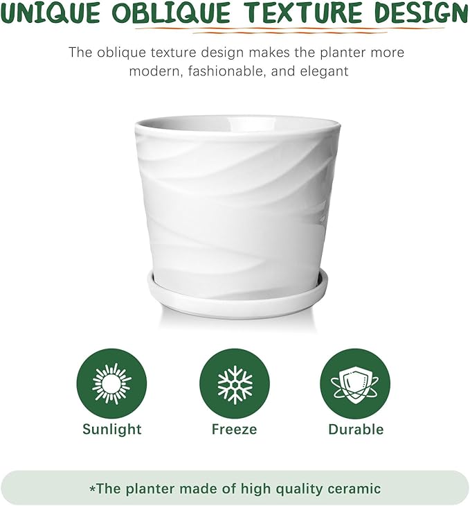 8 Inch Plant Pot, Ceramic Planter with Drainage and Saucer, Ceramic Pots for Plants, Indoor Plant pots,Succulent Orchid Flower Pot(Pure White)