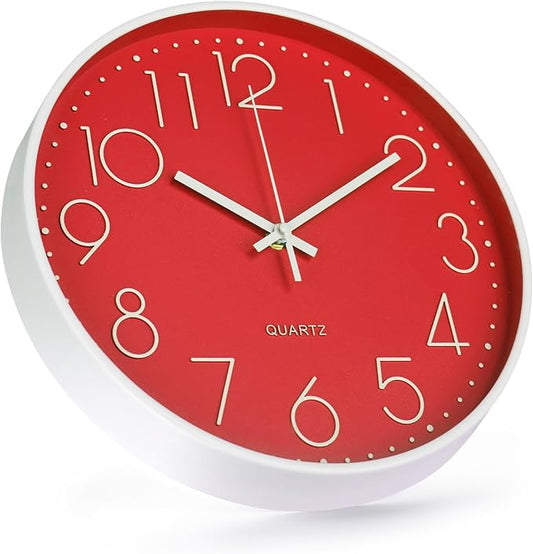 Wall Clock 10 Inch Non-Ticking Silent Modern Simple Style Round Decor Clock Red - Image 2