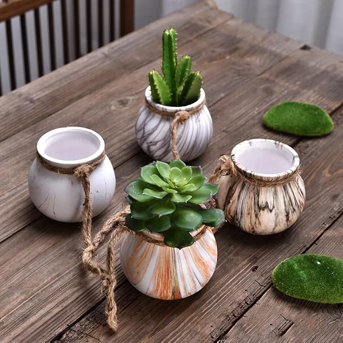 SOUJOY 6 Pack Hanging Succulent Planters, 4'' Mini Ceramic Wall or Ceiling Mount Dangling Plant Pot, Hanging Flower Pot with Jute Rope for Indoor Outdoor Decor, Light Beige