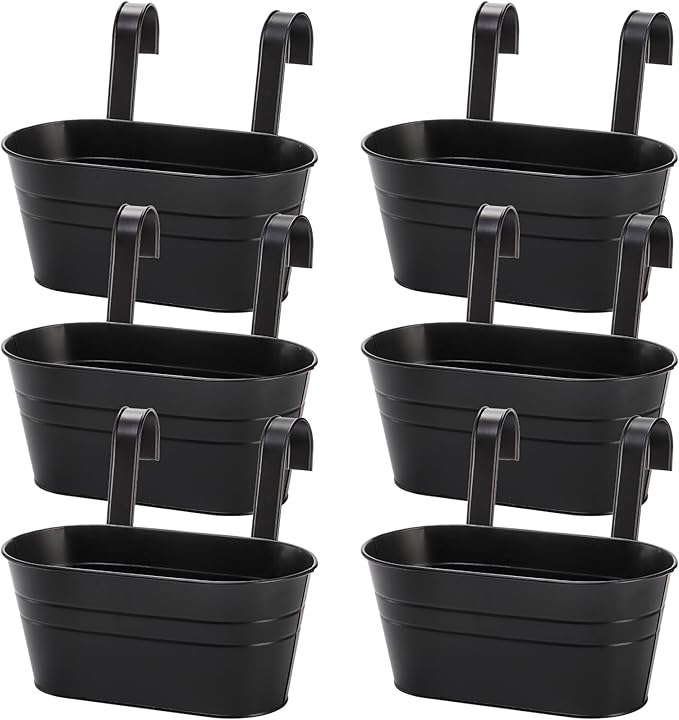 Foraineam 6 Pack Hanging Flower Pots, Metal Iron Hanging Planter Plant Pot Holders for Railing Fence Balcony, Black Hanging Bucket Pots Outdoor Porch Decors with Detachable Hooks and Drain Holes