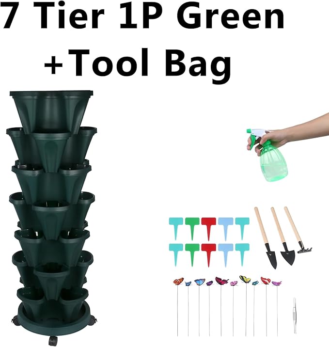 Vertical Planter, 7 Tier Stackable Strawberry Planter with Garden Tool Set, Movable Indoor/Outdoor Garden Herb Pot for Growing Vegetables and Succulents, Green