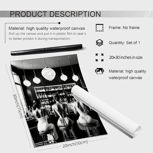 Vintage Black and White Canvas Wall Art Trendy Women Drink Cocktail Posters - Image 2