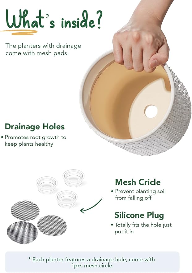 LE TAUCI Ceramic Plant Pots Indoor, 10+8+6 Inch Planters for Indoor Plants, Raised Dots Flower Pots with Drainage Hole and Plug, Cylinder Round Planters, Set of 3, Glaze Arctic White