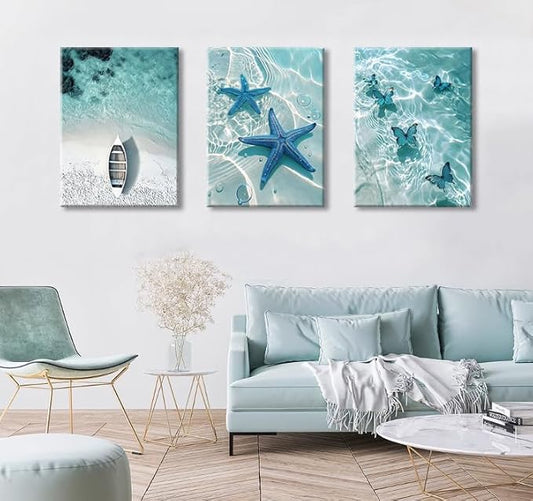 weiyiart Blue Ocean Canvas Wall Art Coastal Starfish Painting Prints Beach - Image 2