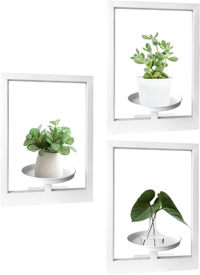 Picture Frame Plant Holder, Wall Mount Plants shelf Indoor Outdoor, Metal Hanging Planters Stand Decor, Window Planter Hanger Shelves, Modern Floating Ornament Rack Art for Home & Garden(White 3pc)