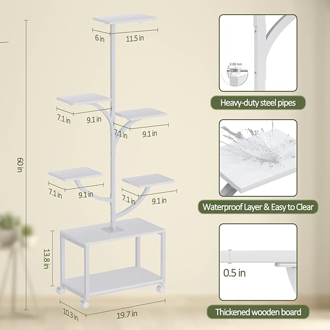 Plant Stand Indoor with Grow Lights, 60" Tall 7-Tier Metal Plant Stand with Wheels & Tree-Shaped Design for Indoor Plants, Flower Holder Display Rack for Home, Patio - White