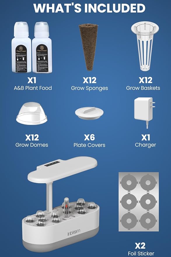 inbloom 12 Pods Hydroponics Growing System Kit, Herb Garden Planter Indoor Kit, Indoor Gardening Hydroponics Growing System with Pods, 4.2L Water Pump, Height Adjustable, Gifts for Woman, Black