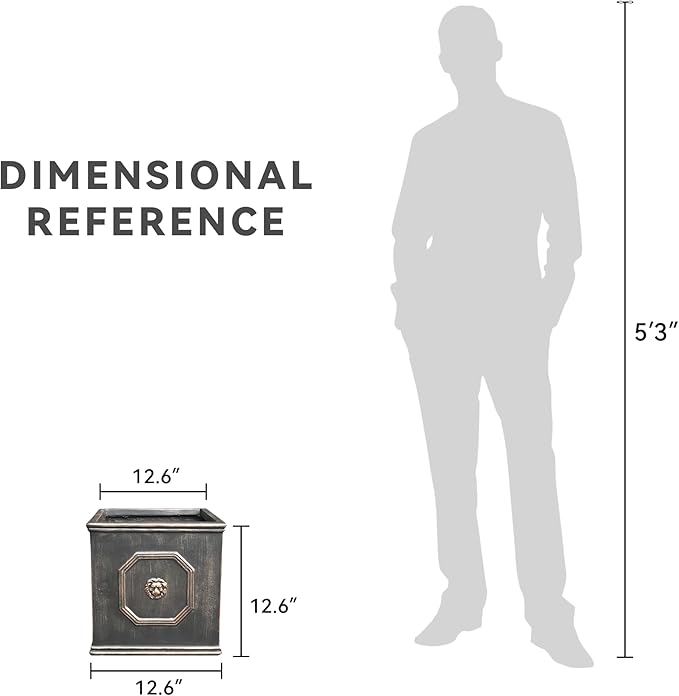 Kante Square Lion Head Concrete Planter, Classic English Style Plant Pot with Drainage Hole and Rubber Plug for Indoor Outdoor Garden Patio Home, 12.6"x12.6"x12.6" Metallic Chestnut