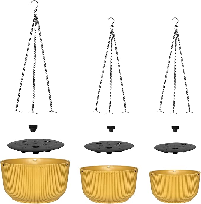 Hanging Planters for Indoor Plants, 3 Pack Hanging Baskets for Plants, Self Watering Plant Hanger for Indoor Plants, Round Hanging Plant Pot with Drainage Holes and Chains, Yellow