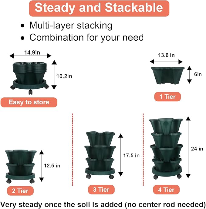 Vertical Planter 4 Tier Stackable Planters Garden Planters Strawberry Herb Flower and Vegetable Planter Indoor Outdoor Gardening Pots with Removable Wheels and Tools
