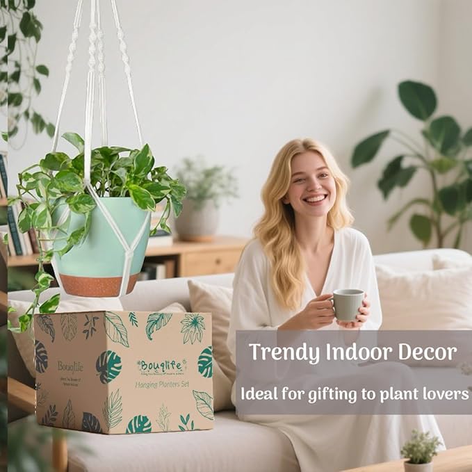 Larege Hanging Planters with Macrame Plant Hangers for Indoor Outdoor Plants 3 Set 10" / 8" / 7" Self Watering Pots Hanging Baskets Flower Pot Holders 3 Different Size Green Large