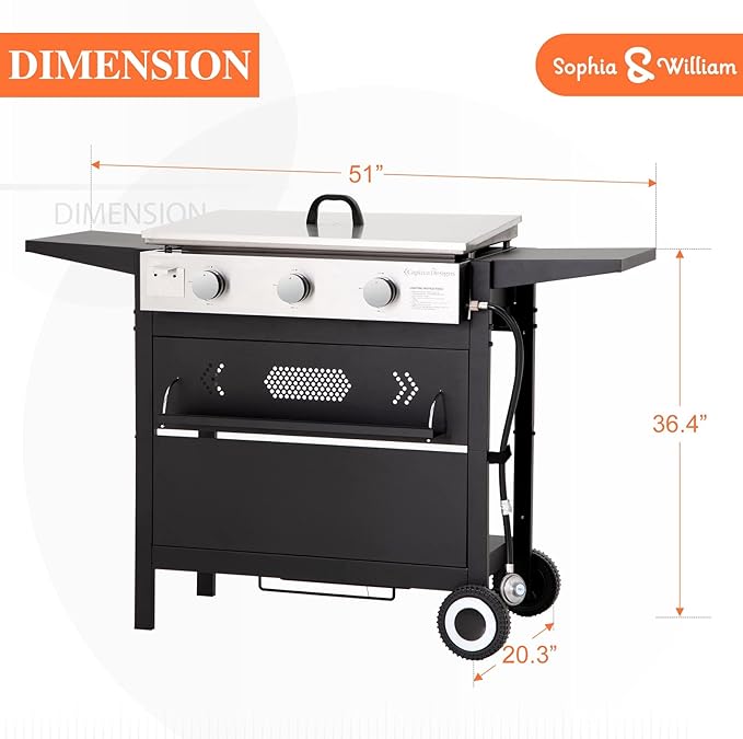 Sophia & William 27-Inch Flat Top Grill with Ceramic Coated Cast Iron Griddle, 3-Burner Propane Gas BBQ Griddle, Portable Outdoor Barbecue Grill,33,000 BTU,Black