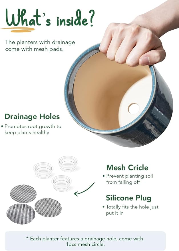 LE TAUCI Ceramic Plant Pots Indoor, 10+8+6 Inch Planters for Indoor Plants, Mid-Century Modern Flower Pots with Drainage Hole and Plug, Cylinder Round Planters, Set of 3, Reactive Glaze Blue