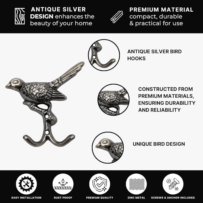 6 pcs Antique Silver Bird Decorative Wall Hooks - Image 5