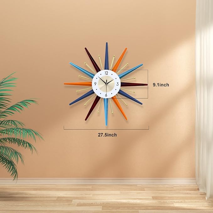 FIELDY Large Wall Clock 27.5 Inch Mid Century Wall Clocks Starburst Clock Non - Image 6