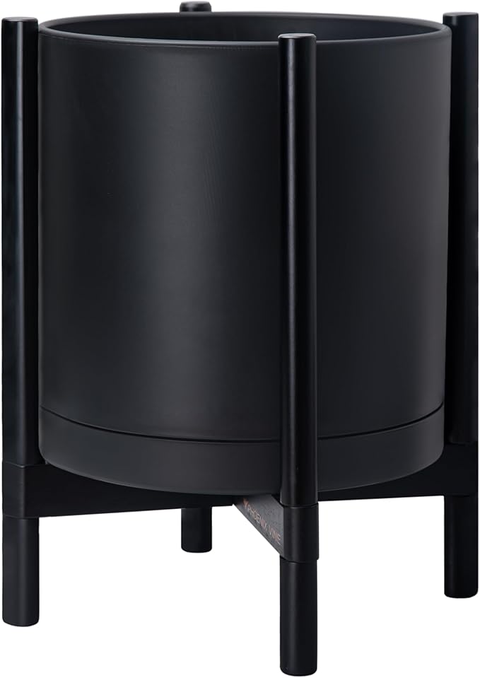 D'vine Dev Planter Pot with Stand - 16 Inch Plastic Cylinder Flower Pot with Wood Planter Holder for Indoor, Matte Black Pot + Ebony Stand, 55-C-Z-2