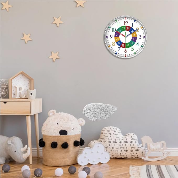 XFM Kids Wall Clock for Children's Bedroom 10 Inch Round Multi-Colored Learning - Image 6