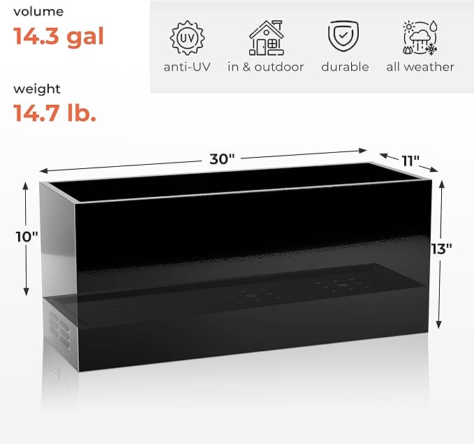 Worth Garden Metal Planter Box - 30" L x 11" W x 13" H Glossy Black Heavy Duty Large Rectangular Steel Modern Plant Pot, Indoor Outdoor - Insert Plate with Drain Holes, Air Vents, No Assembly Required