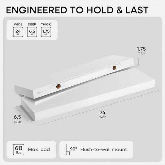 Homeforia White Floating Shelves 24 inch, High End Solid Real Wood 24inch - Image 2