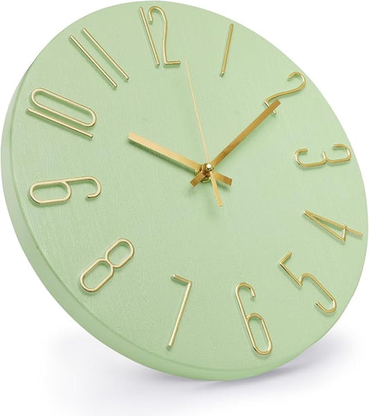Wall Clock 12 Inch Silent Non-Ticking Imitation Wood Indoor Clock Round Green - Image 2