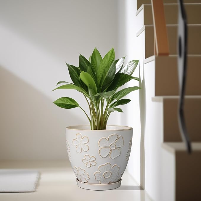 10 Inch Ceramic Planter Pot Large Plant Pot for Indoor Plants Outdoor Round Flower Pot with Drainage Hole and Saucer for Home Garden Decor White