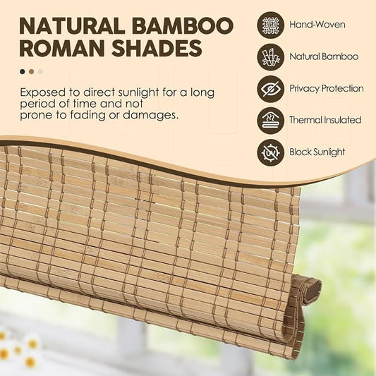 Cordless Bamboo Roman Shades, Light Filtering Bamboo Shades Blinds Window - Image 2