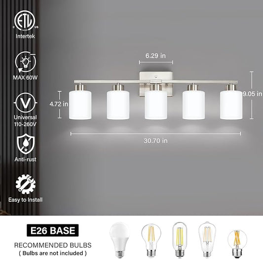 FonmYim Brushed Nickel Bathroom Light Fixtures, 5-Light Modern Vanity Light - Image 2