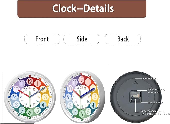 XFM 2 Pieces Learning Clock for Kids 8 Inch Silent Wall Clocks Battery Operated - Image 7