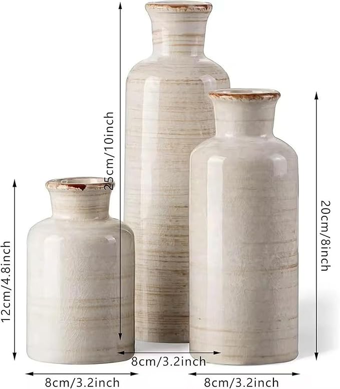 Ceramic Vase Set of 3,Modern Small Vase for Flowers,Rustic Vintage Ceramic Flower Vases for Home Decor,Decorative Vases for Table Centerpiece,Bookshelf,Fireplace and Entryway