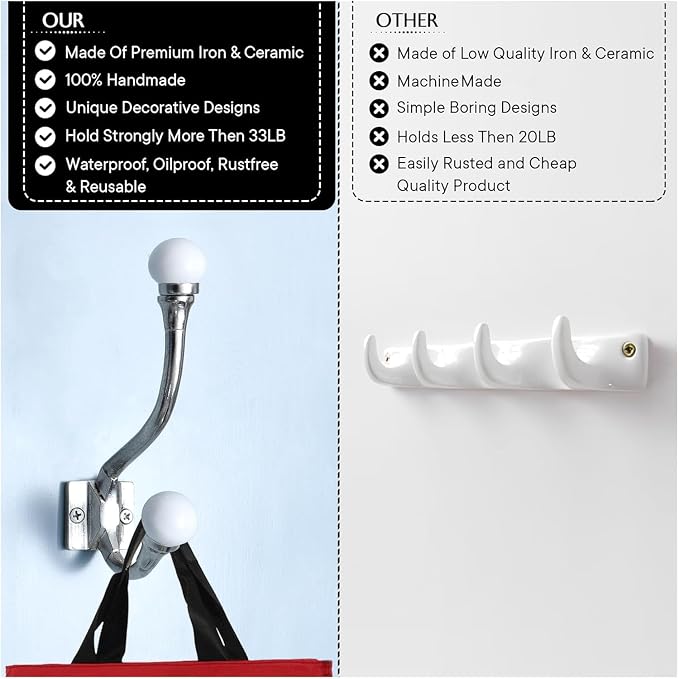 Indian Shelf 6 Pieces Exclusive Ceramic Heavy Duty Decorative Double Wall Hooks - Image 9