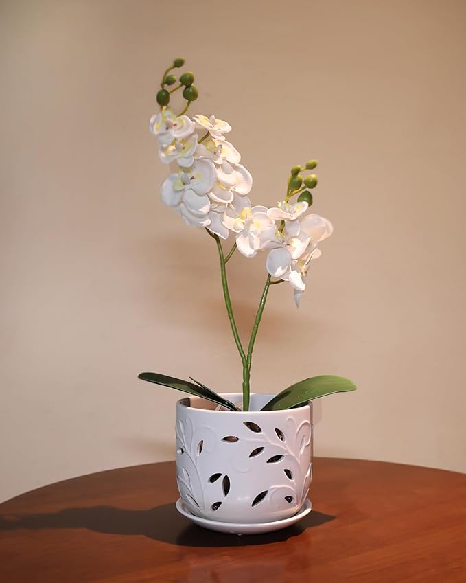 EFISPSS Orchid Pot with Holes, 5+6Inch Ceramic Plant Pots with Drainage Holes and Tray, Promoting Air Circulation and Drainage, Indoor/Outdoor White Flower Pots