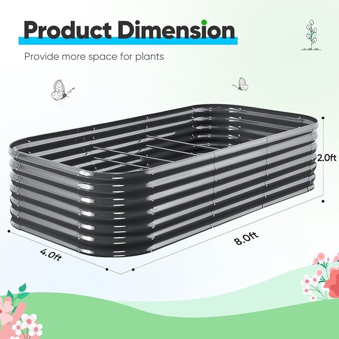 Quictent Galvanized Raised Garden Bed Kit, 8x4x2 ft Oval Metal Planter Box Tall for Vegetables Outdoor Backyard, Rubber Strip Edging Included (Dark Gray)