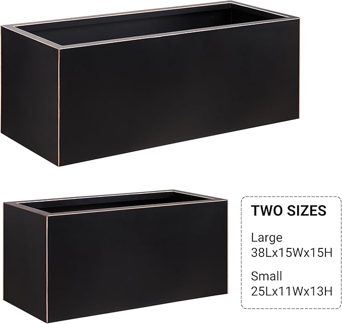 Metallic Heavy Long and Large Outdoor/Indoor Planter, Rectangular Trough Planter Box, 38”Lx15”Wx15”H, 40Pounds, Black with Hand Brushed Gold Edge, No Assemble and Seamless
