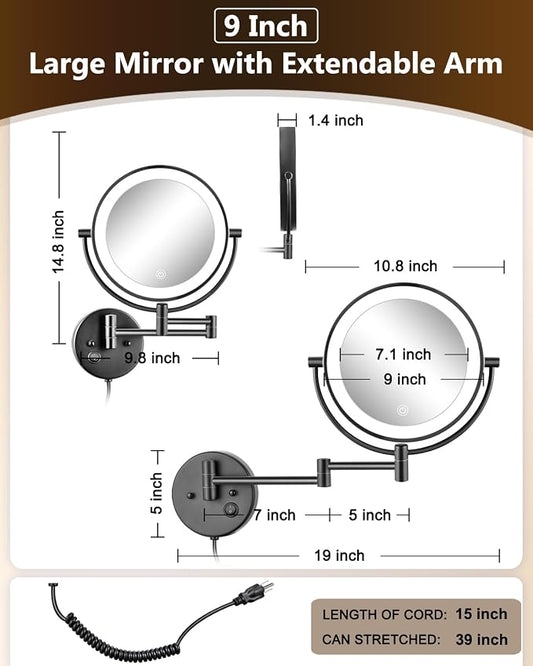 ALHAKIN 9" Wall Mounted Lighted Makeup Mirror, Large Double Sided 1X/10X - Image 2