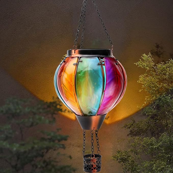 Hot Air Balloon with Flickering Flame Hanging Solar Lanterns Outdoor Lights Waterproof Lanterns Decorative Garden Patio Yard Party Decor Gradual-Colorful Hand Made