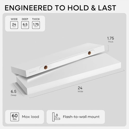 Homeforia White Floating Shelves 24 inch, High End Solid Real Wood 24inch - Image 2