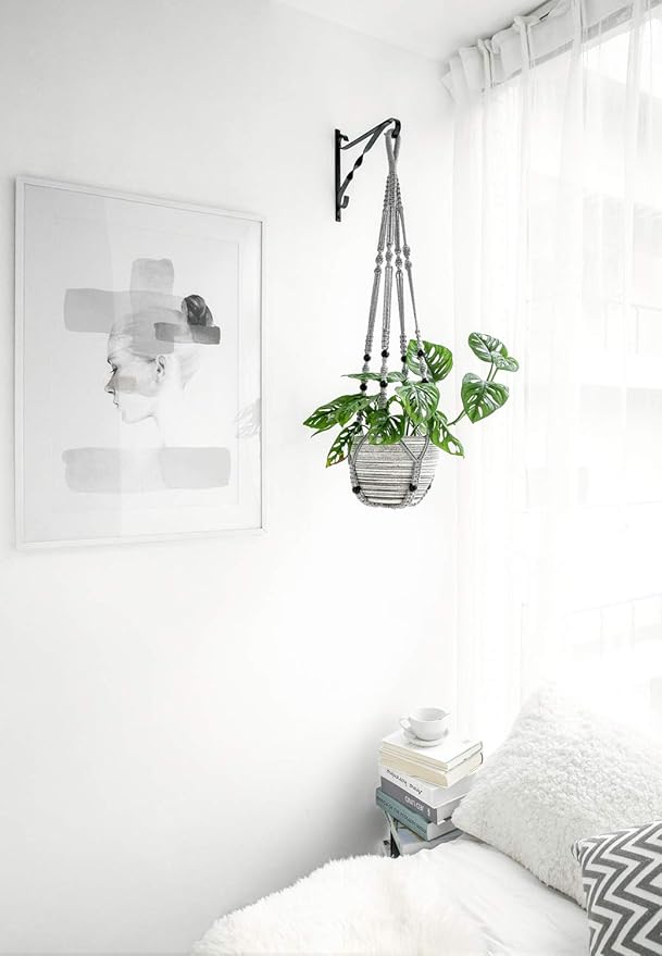 Mkono Macrame Plant Hanger Indoor Hanging Planter Basket with Wood Beads Decorative Flower Pot Holder No Tassels for Indoor Outdoor Boho Home Decor 35 Inch, Grey, Set of 1 (POTS NOT Included)