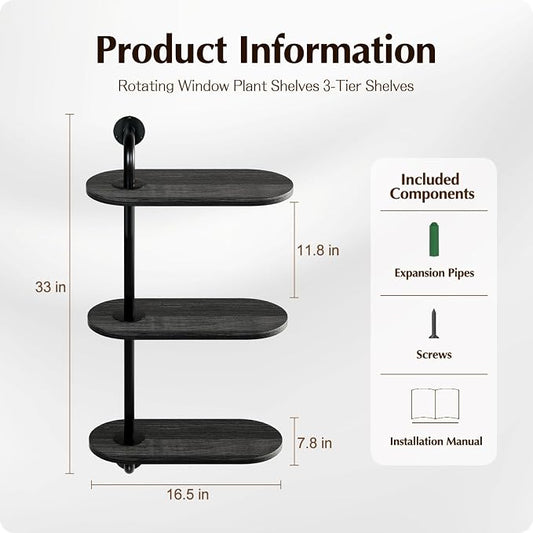 Rotating Window Plant Shelves 3-Tier, Wooden Window Shelf - Image 2