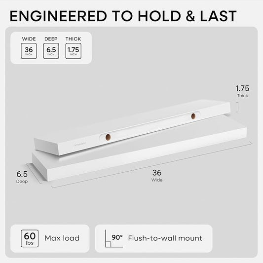 Homeforia White Floating Shelves 36 inch, High End Solid Real Wood 36inch - Image 2