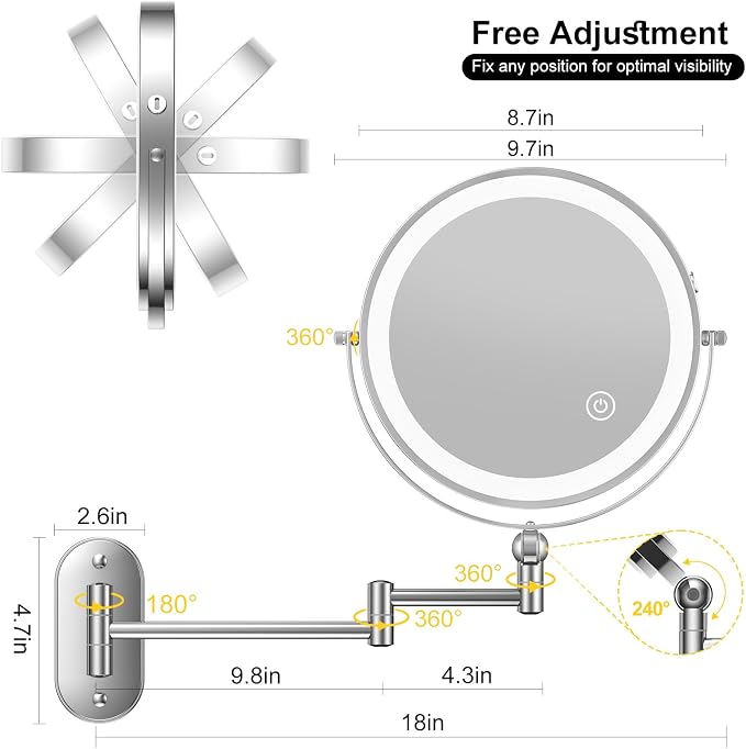 9" Wall Mounted Lighted Makeup Mirror, 4000mAh Rechargeable Double Sided 1X/10X - Image 6