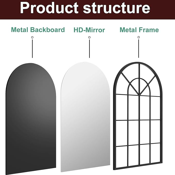 Dewfig Arch Wall Mirror Mounted Decorative, Arched Window Pane Mirror - Image 9