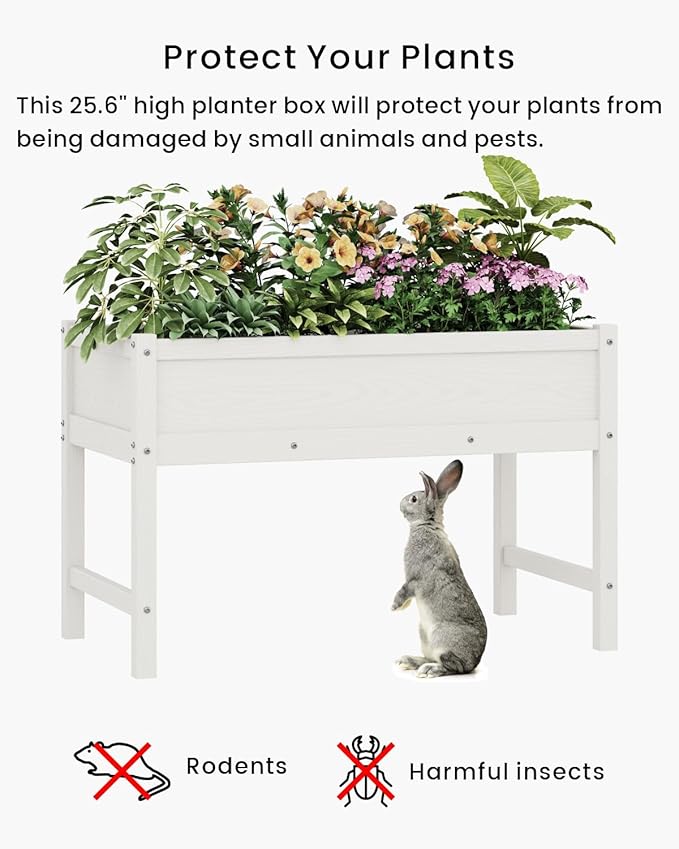 HDPE Raised Garden Bed with Legs, Outdoor Weather-Resistant Elevated Planter Box Stand for Seeds, Herbs, Flowers, Vegetables (White)