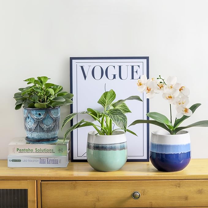 Ceramic Planter Pot, 5in, Reactive Glaze Blue, Indoor Outdoor Usage, with Drainage Hole and Saucer