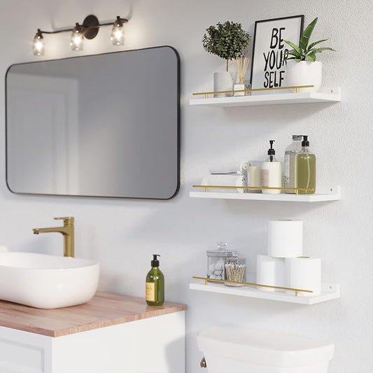 WOPITUES Floating Shelves with Gold Metal Guardrail, Shelves - Image 2