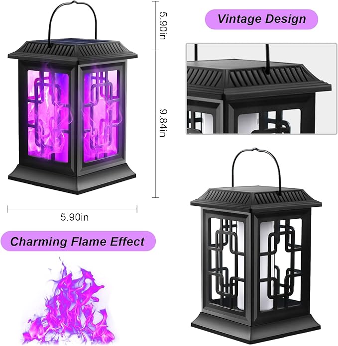 2 Pack Solar Flickering Flame Lanterns, Waterproof Hanging Outdoor Solar Lights for Garden, Patio, Yard, Pathway Decoration (Purple)